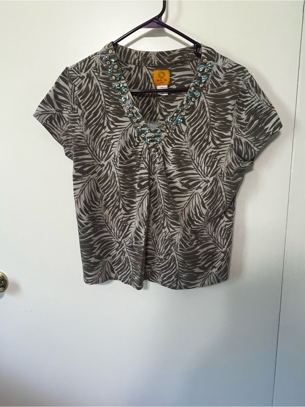 Ruby Rd. Olive and White Beaded V-Neck Palm Print Top